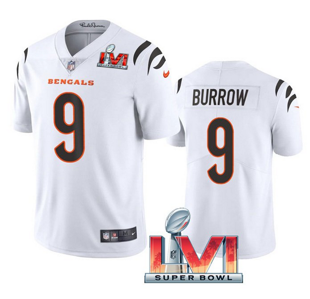 Men's Cincinnati Bengals #9 Joe Burrow 2022 White Super Bowl LVI Vapor Limited Stitched Jersey